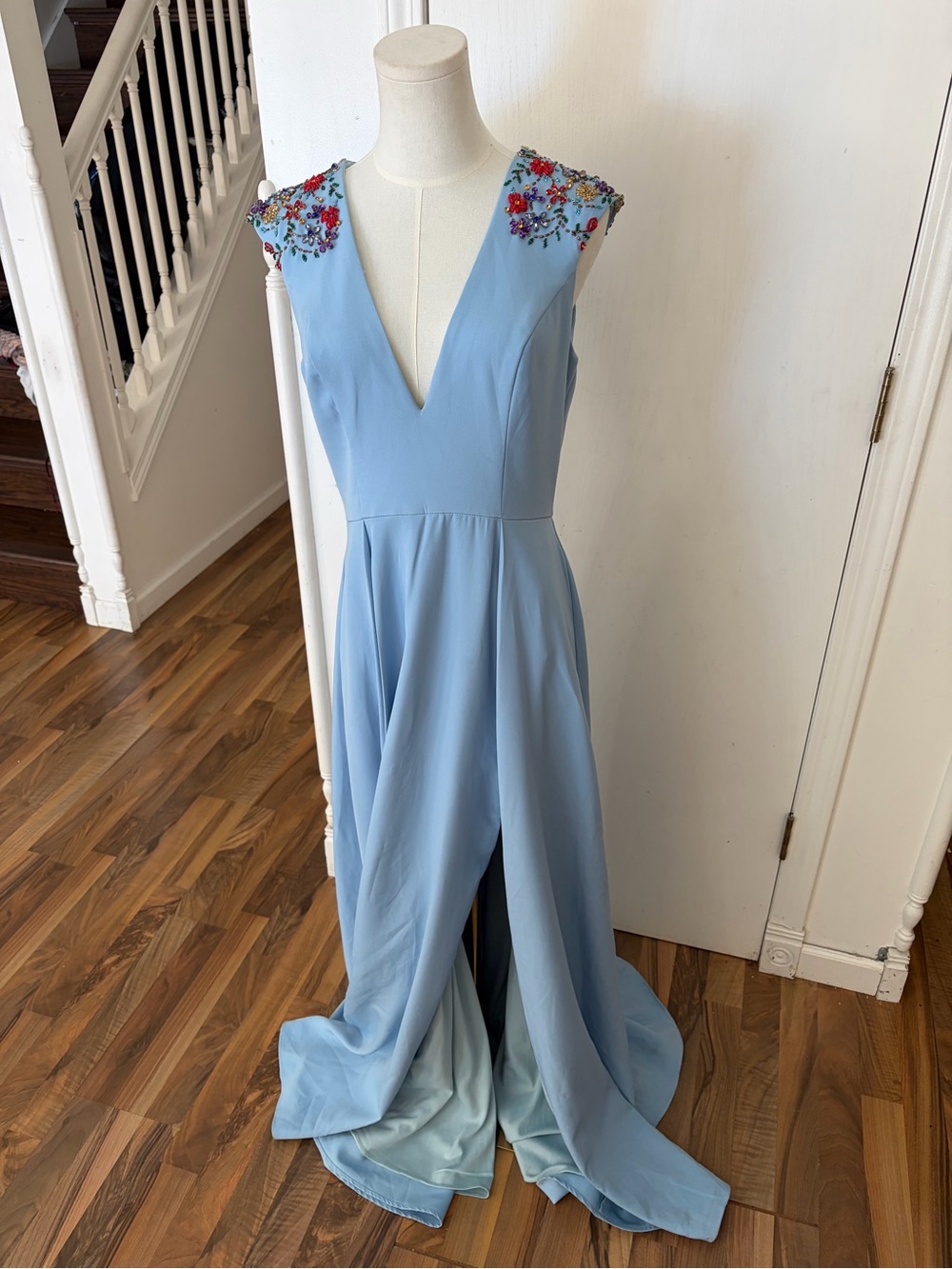 GORG Light Blue Formal Dress Beaded Gems Floral Embellished Top, Size 8, NWT